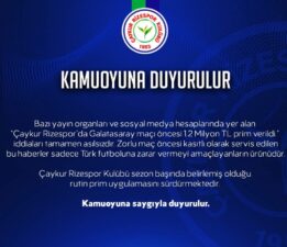 Çaykur Rizespor’dan,Galatasaray maçı öncesinde prim açıklaması